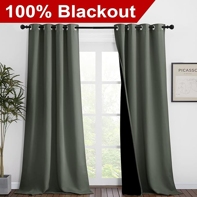 NICETOWN Dark Mallard Blackout Curtains 90 inches Long, Full Light Blocking Drapes with Black Liner for Nursery, Thermal Insulated Draperies for Hall, Villa (2 Pieces, 46" Wide per Panel) - Image 2