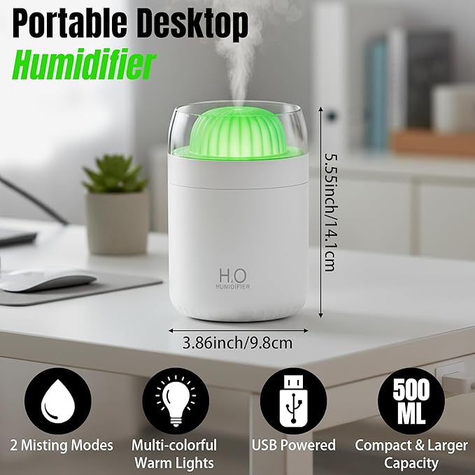 Cactus Mini Humidifier - 500ml USB Powered Portable Small Desktop Air with 2 Cool Mist Modes, 7 Color Light Whisper-Quiet Operation for Office Home Bedroom Nursery Yoga Car Travel - Image 3