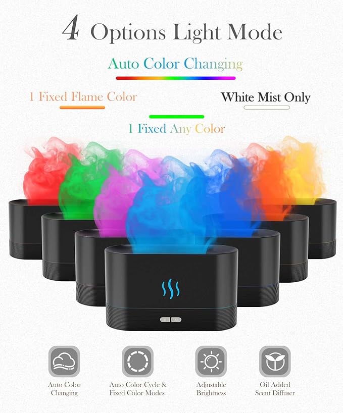 Essential Oil Diffuser,Humidifier with 7 Colors Flame Light,180ml Air Humidifiers for Bedroom, Home, Office, Gifts - Portable,Auto-Off Protection,4 Modes Mist(White) - Image 2
