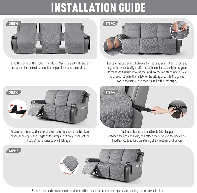 TAOCOCO 100% Waterproof Recliner Cover, Non-Slip Washable Reclining Couch Cover with Elastic Leg Straps, Furniture Protector for Dogs (Light Gray, 3 Seater) - Image 7