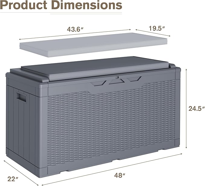 JUMMICO 100 Gallon Resin Deck Box with Cushion, Waterproof Outdoor Storage Box with Lockable Lid for Garden Tools, Patio Cushions (Gray) - Image 4