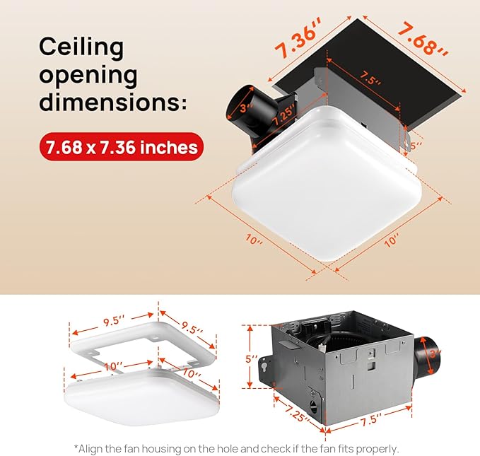 Consciot 50 CFM Bathroom Exhaust Fan with Light, Super Quiet 1.0 Sone, Suitable for mounting Hole 7.68 x 7.36 inches, 1000lm LED Light 5CCT Selectable & Nightlight, Bathroom Vent Fan for Ceiling - Image 2