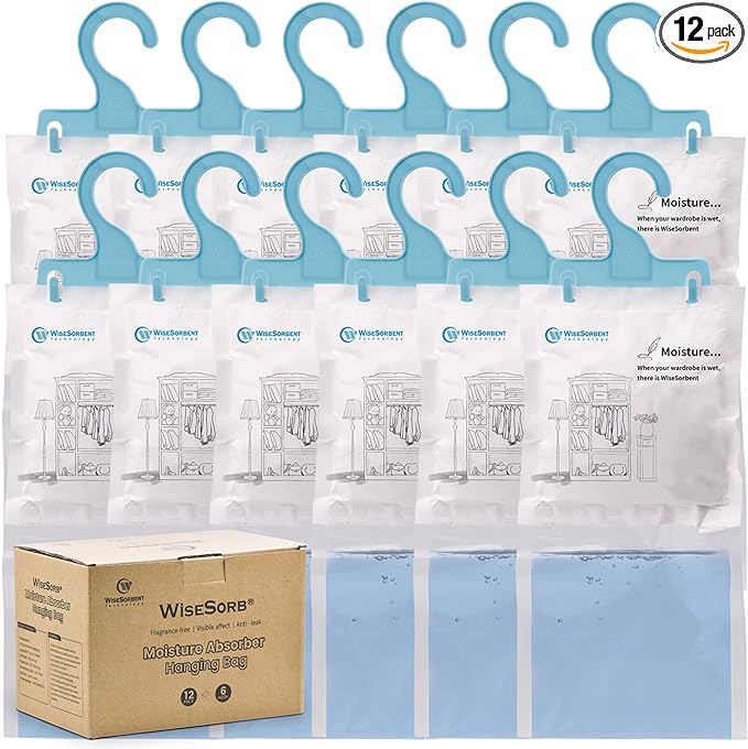 Moisture Absorber Refill Hanging Bags, 12 Pack (200g Each) – Calcium Chloride Dehumidifier Bags with 6 Reusable Hooks, Closet & Bathroom Dehumidifier Bags by Wisesorb