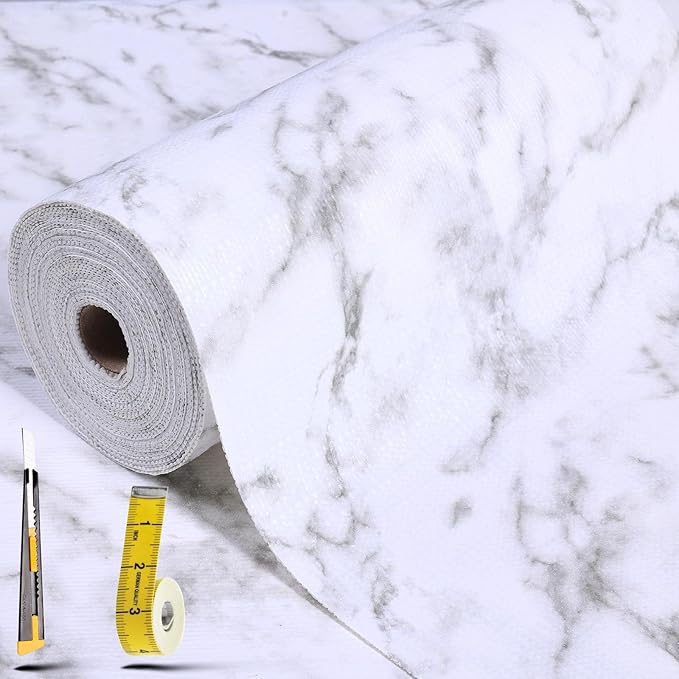 Shelf Liners for Kitchen Cabinets 12in x 20FT, Non Adhesive Drawer Liner Marble Pattern Thickened Shelf Liner Non-Slip Easy to Clean for Tool Box Refrigerator with Knife and Tape Measure by Adwann