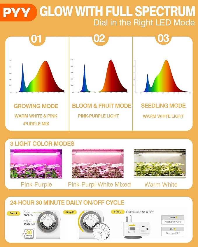 PYY Indoor Greenhouse with Grow Light - Heavy Duty 8 T8 3000K Grow Lights with 3 Color Modes, 6 Tier Plant Stand with Mechanical Timer, Thermometer and 4 Wheels for Planting (27.6"×15.7"×70.9" inch) - Image 3