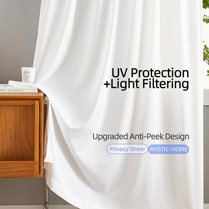 Sheer Curtains 45 inch Length 2 Panels White Semi-Sheer Rod Pocket Drapes with Light Filtering & Non-See-Through Privacy curtains for Bedroom, Living Room, Silky-Soft Tencel Velvet Fabric, 52"W x 45"L - Image 4