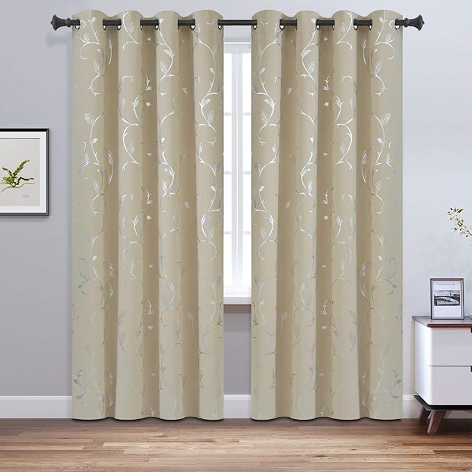 BUHUA Wave Floral Vine Print Blackout Curtains for Living Room Darkening Curtains Print Pattern Light Blocking Curtains for Bedroom 52W×84L Beige 2 Panels - Image 2