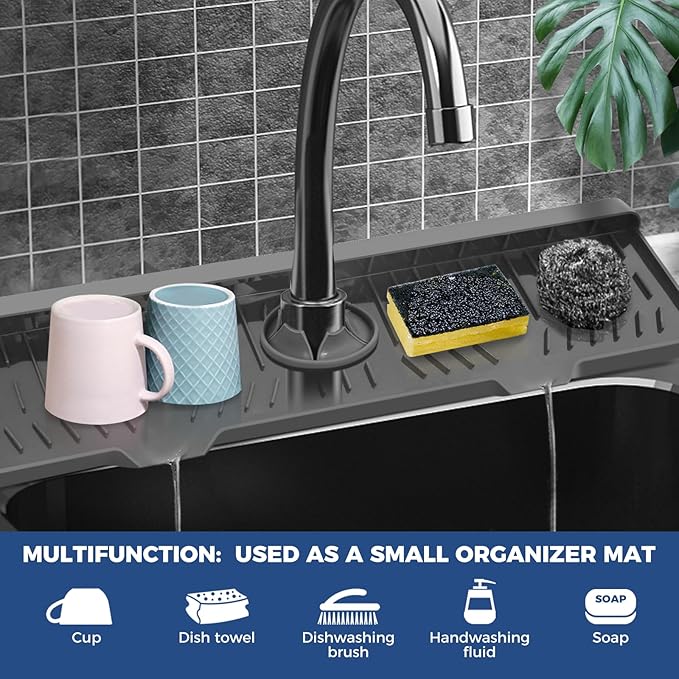 24" Splash Guard Plus Size Silicone Sink Faucet Drying Mat Handle Drip Catcher Tray Dish Sponge Holder Kitchen Accessories Protector Home Organization Gadgets Organizer - Image 9
