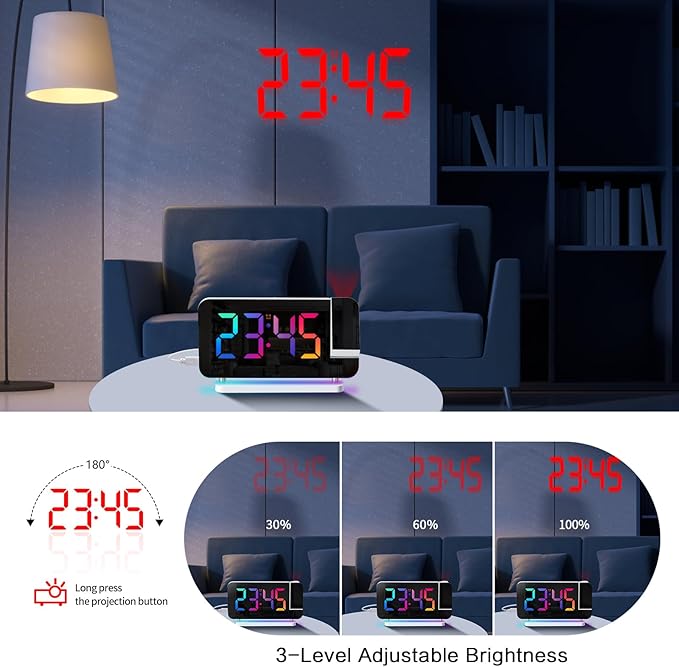 Projection Alarm Clock for Bedroom Ceiling,RGB Digital Clocks with 10 Colors RGB Night Light,Loud Alarm Clock for Heavy Sleepers,USB C Charger Port,Snooze,12/24H,Auto Dimming - Image 2