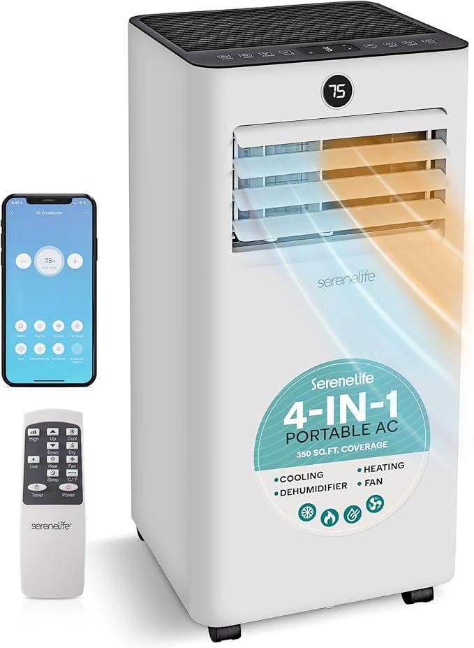 SereneLife 8,000 BTU Portable Air Conditioner and Heater, Small AC with Dehumidifier and Fan, Wifi Function, Mini AC Unit with 350 Sq. Ft. Coverage, Includes Remote Control and Window Mount Kit by SereneLife