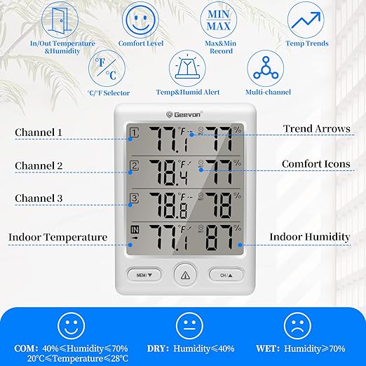 Geevon Indoor Outdoor Thermometer Wireless with 3 Remote Sensors, Digital Hygrometer Indoor Thermometer, Temperature Humidity Monitor Gauge with 200FT/60M Range (White) - Image 2