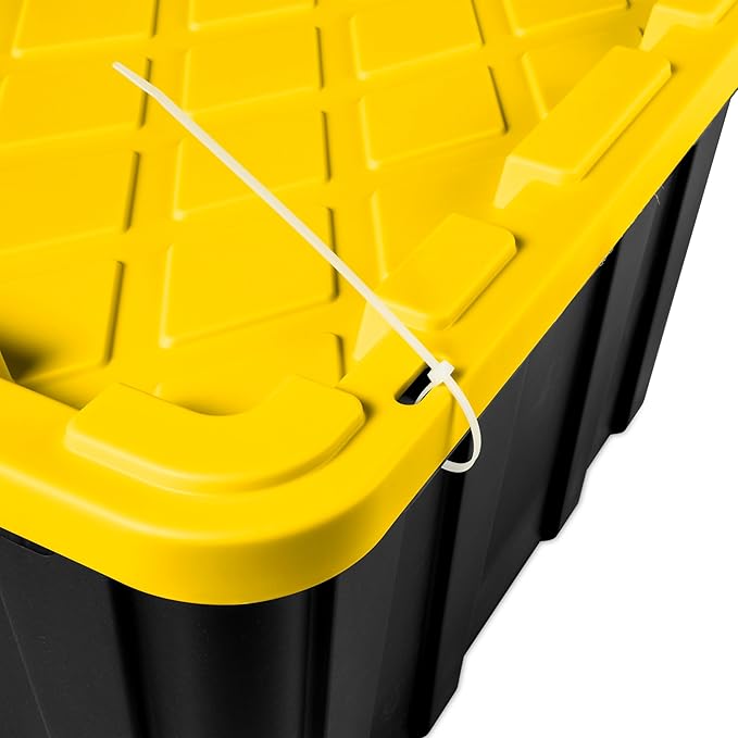 Sterilite 38 Gal Industrial Tote, Stackable Storage Bin with Snap-Fit Lid for Garage, Basement & Attic Storage, Black Base and Yellow Lily Lid, 4-Pack - Image 3