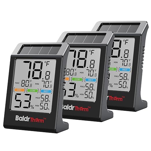 BaldrTherm Room Thermometer Indoor Humidity Meter Solar Powered with Max/Min Memory & Comfort Indicator - 3.2" Large Display for Home, Black, 3Pack by BaldrTherm