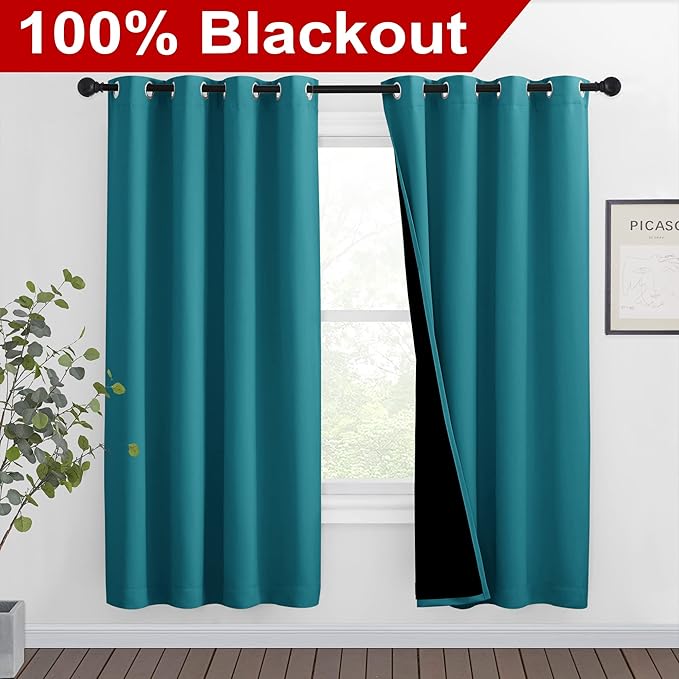 NICETOWN 100% Blackout Window Curtain Panels, Full Light Blocking Drapes with Black Liner for Nursery, 72-inch Drop Thermal Insulated Draperies (Peacock Teal, 2 Pieces, 46-inch Wide Per Panel) - Image 2