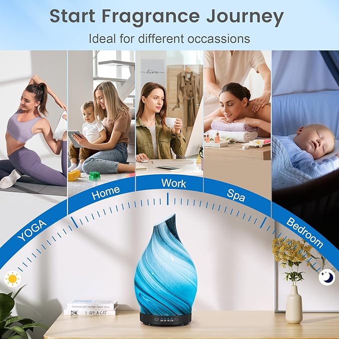 Essential Oil Diffuser, 120ML Glass Aromatherapy Diffuser with Auto Shut-Off and 7 Color LED Lights, Ultrasonic Mist Humidifier with 4 Timer for Home Office Bedroom (Gray Wave) - Image 6