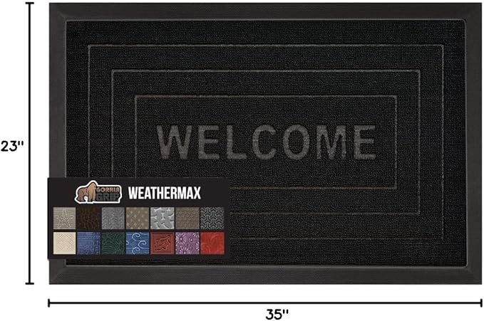 GORILLA GRIP 100% Waterproof All-Season WeatherMax Doormat 35x23, US Designed Natural Rubber, Stain and Fade Resistant, Low Profile Indoor Outdoor Door Mats, Easy Clean Patio Mat, Black Welcome - Image 2