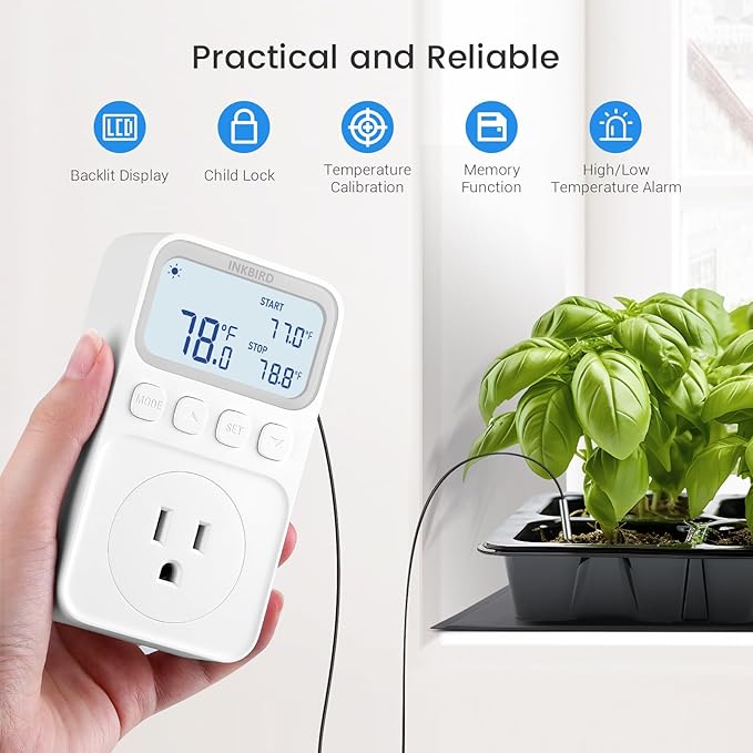 INKBIRD Digital Thermostat Outlet Temperature Controller Outlet Socket Heating/Cooling Control 1200W 10A Backlit Display - Image 3