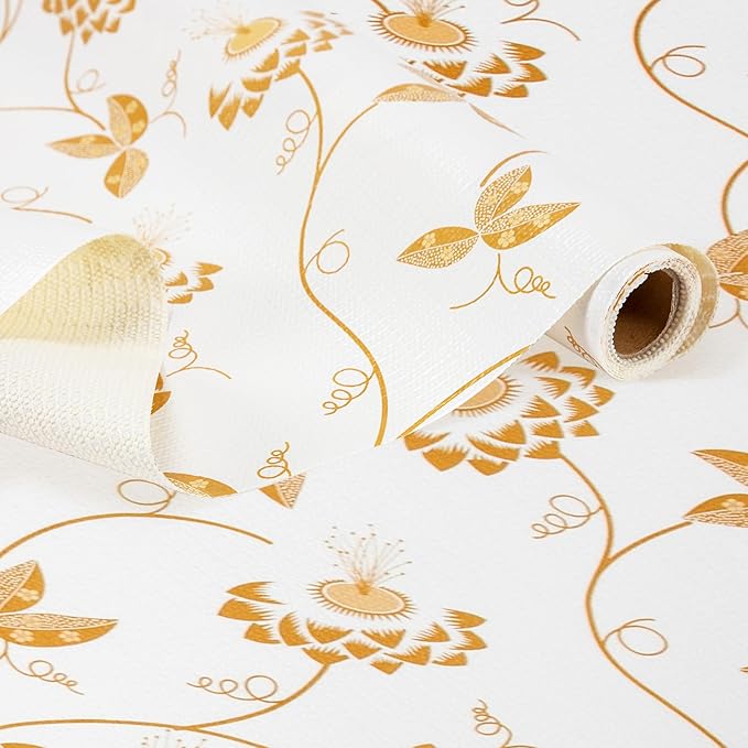 RAY STAR Shelf Liner, Non Adhesive Golden Leaves Floral Kitchen Cabinet Liner for Pantry Drawer Vanity, Strong Grip Non Slip, Shelf Liners for Kitchen Cabinets Cupboard 12 Inch x 10 FT (4 Rolls) by RAYSTAR
