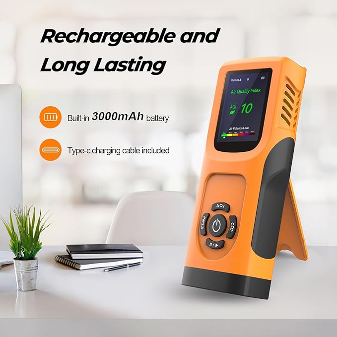 Portable 6-in-1 Air Quality Monitor Indoor Air Quality Tester Air Quality Meter with CO2 TVOC PM2.5 PM10 Particles AQI Detector for Cars Home School Office 3000mAh Battery - Image 3