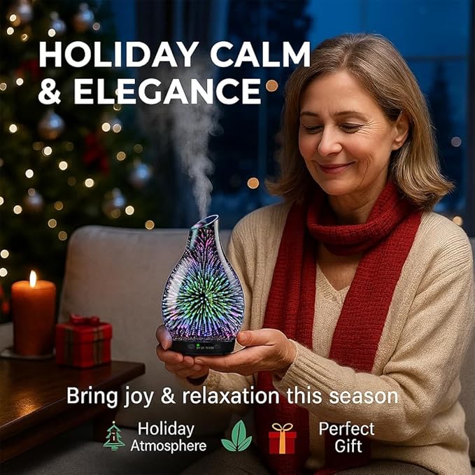 120ML Essential Oil Diffuser, 3D Glass Aromatherapy Diffuser with Auto Shut-Off and 7 Color LED Lights, Ultrasonic Mist Humidifier with 4 Timer for Home Office Bedroom (3D Fireworks) - Image 6