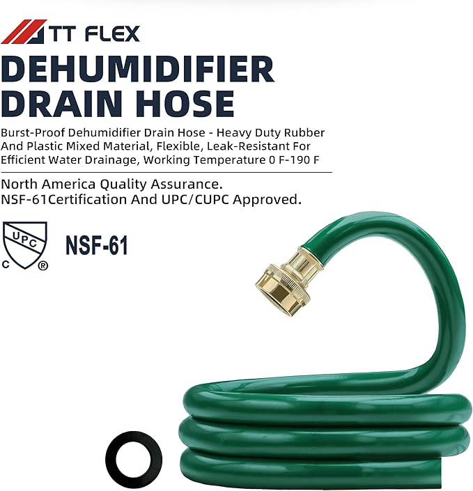 Burst-Proof Dehumidifier Drain Hose – 5 FT Green Rubber, 3/4" FHT, Heavy Duty, Flexible, Leak-Resistant for Efficient Water Drainage,CUPC and NSF-61 Certificated - Image 2