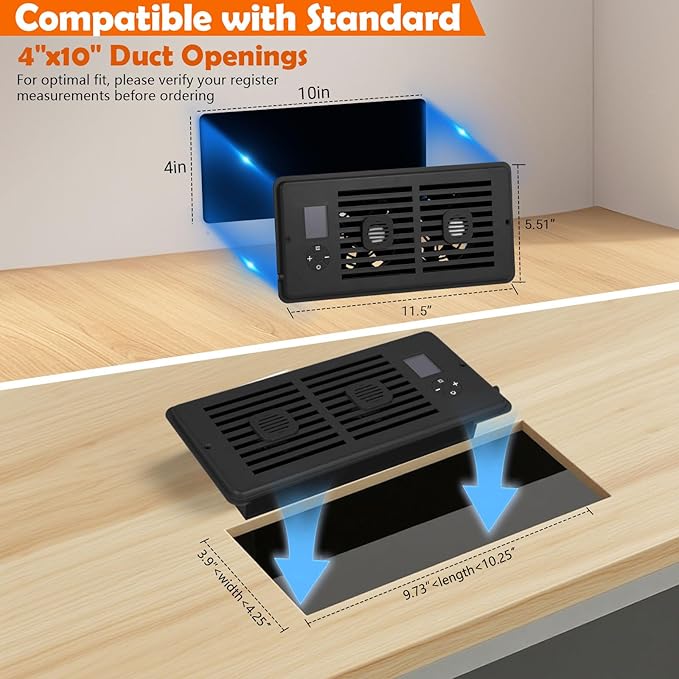 Register Booster Fan Fits 4" x 10" Register Holes, Vent Fan with DIY Scent Diffuser,Quiet 10-Speed Smart Heating Cooling AC with LCD Screen,Remote Control and Thermostat Control for Home,Wall,Floor - Image 3