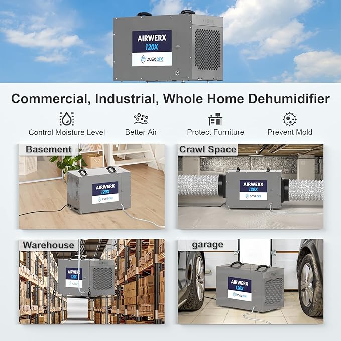 BASEAIRE 235 Pints Crawl Space Commercial Dehumidifier with Pump, AirWerx120X Dehumidifier Whole Homes, Basements, up to 3,300 sq. ft. cETL, Water Damage Storage - Image 5