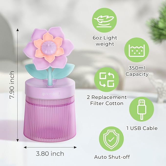 Cute Flower Mini Humidifier, 260ml Gardenia Desktop Humidifiers for Bedroom, Portable Small Cool Mist Humidification for Home, Baby Nursery, Office & Indoor Plants, USB Powered (Purple) - Image 2