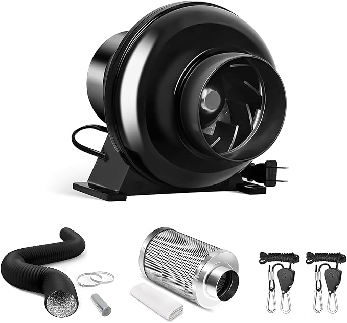 iPower 4 Inch 195 CFM Inline Fan, Air Carbon Filter, 8 Feet Aluminum 4 Layer Protection Ducting and Rope Hanger, Combo for Grow Tent, Greenhouse, Kitchen, Basement by iPower