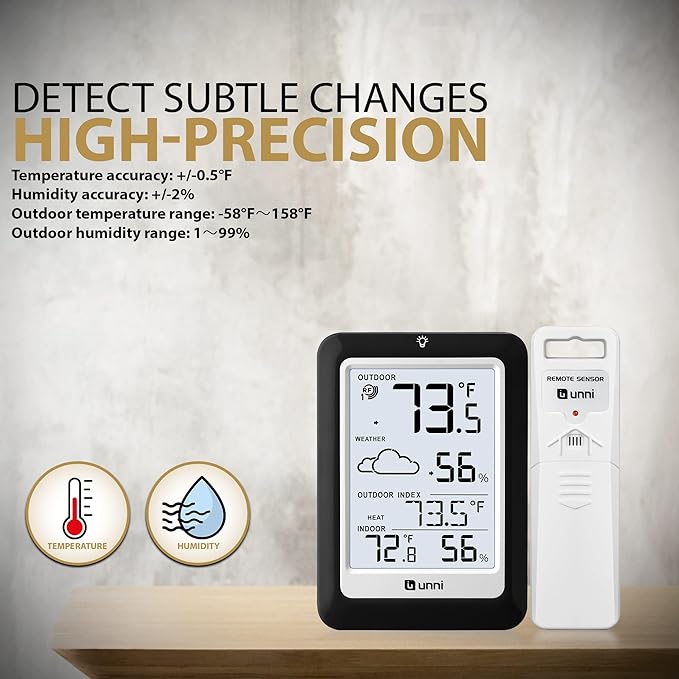 Indoor Outdoor Thermometer Hygrometer Wireless Weather Station, Temperature Humidity Monitor Battery Powered Inside Outside Thermometers with 330ft Range Remote Sensor(Black) - Image 4