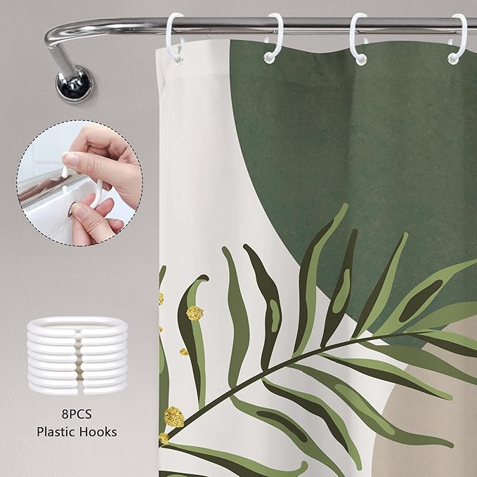 Stall Small Boho Shower Curtain 48Wx72H Rv Sage Green Modern Bohemian Abstract Leaves Mid Century Plant Half Narrow Bathroom Decor Minimalist Geometric Bath Curtain Fabric Polyester 8 Pack Hook - Image 6