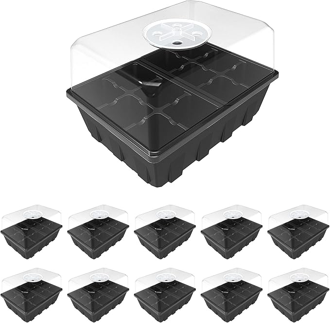 Gardzen 10 Pack Seed Starting Tray, Plant Germination Trays, Seed Starter Kit with Adjustable Humidity Vented Dome, Plant Growing Kit 6.6" x 4.5", Total 120-Cell, Black by Gardzen