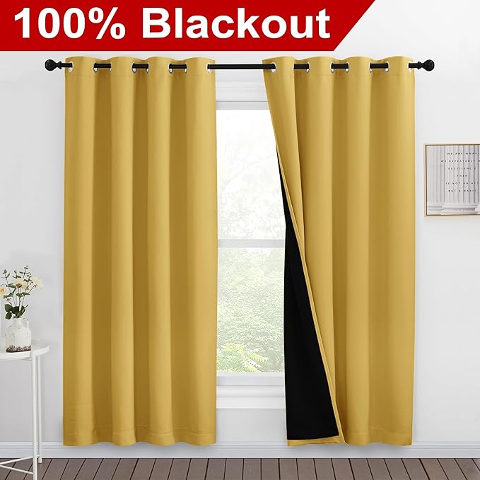 NICETOWN Bright Yellow Full Shade Curtain Panels, Pair of Energy Smart & Noise Blocking Out Blackout Drapes for Dining Room Window, Thermal Insulated Guest Room Lined Window Dressing, 55 x 78 inch - Image 2