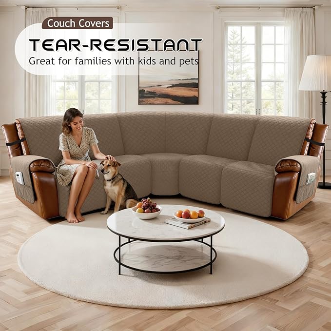 Arfntevss Waterproof Recliner Sectional Couch Covers for Reclining Sectional L Shape Sofa Cover Non Slip Washable Recliner L Shaped Slipcover Sets for Dog Furniture Protector (5 Seater, Light Brown) - Image 7
