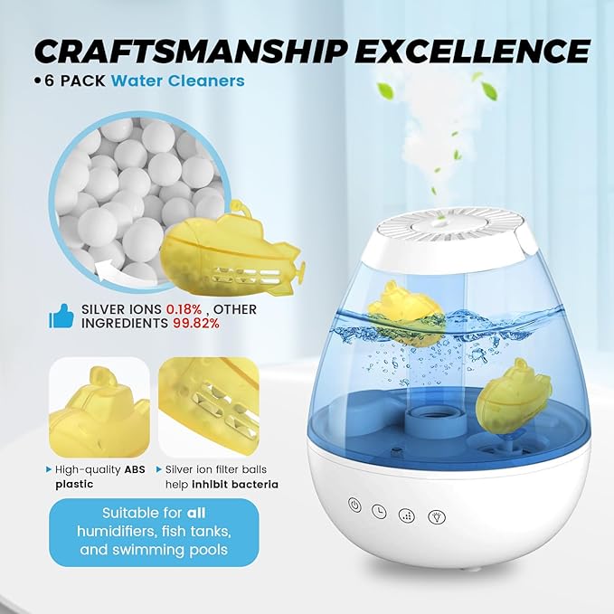 puxyblue   9-Pack Humidifier Tank Cleaner Yellow Small Submarine Fit for Most Humidifiers and Fish Tanks, Purifies Water, Prevents Hard Water Build Up, Eliminates White Dust - Image 2