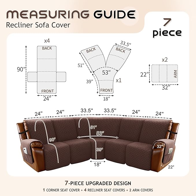 Arfntevss Waterproof Recliner Sectional Couch Covers for Reclining Sectional L Shape Sofa Cover Non Slip Washable Recliner L Shaped Slipcover Sets for Dog Furniture Protector (5 Seater, Dark Brown) - Image 5
