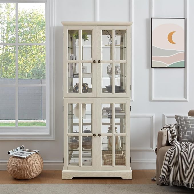 Lighted Glass Curio Cabinet with Lights & Adjustable Shelves,Curio Display Cabinet with Wood Frame & Glass Door,Corner Antique Display Case for Kitchen,Living Room,Office - Image 5