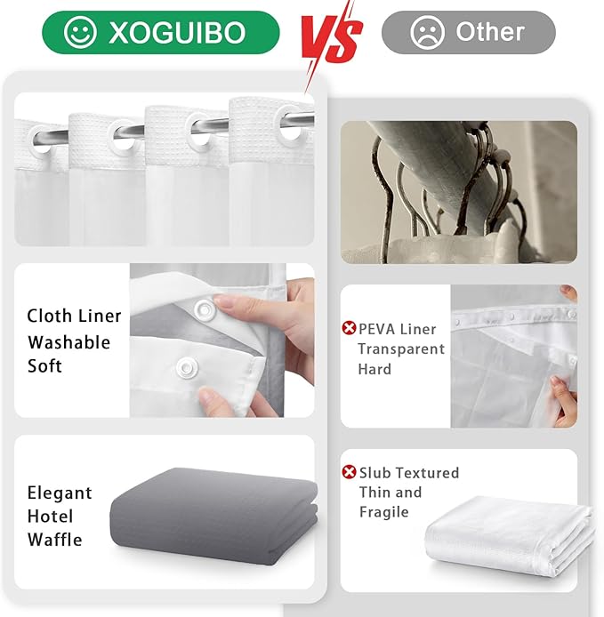 No Hook Shower Curtain and Liner Set,Ombre Grey Hotel Waffle Shower Curtain with Liner 75" L x 72" W - Image 4