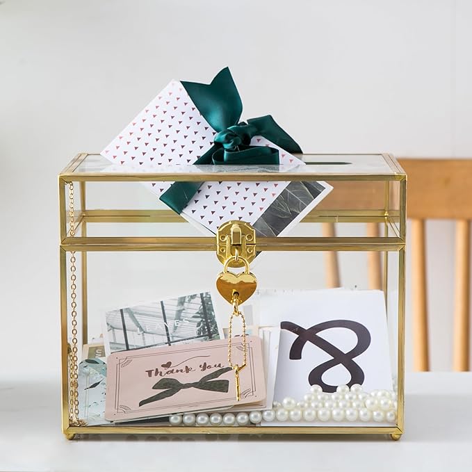 Glass Wedding Card Box with Slot and Lock, Large Clear Card Box Gold Brass Gift Card Storage Box with Lock for Wedding Receptions, Baby Shower, Birthday Party, Bridal Shower - Image 7