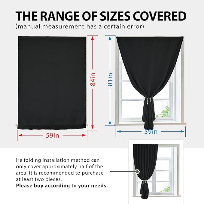 Paste Style Curtains for Windows,Bedroom Blackout Curtains for - Thermal Lnsulated No Drill Curtains Room Darkening Black Small Drapes, JILRON,(1 Panels,59Wx84L inch-Black) - Image 3