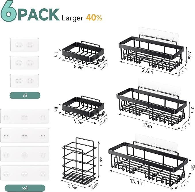 Veken Shower Caddy 6-Pack, Advanced Rustproof Design, No Drilling Adhesive Shelves, Rack with Soap Holder, Large Capacity Bathroom Organizers and Storage, Wall-Mounted Kitchen & Home Decor - Image 6