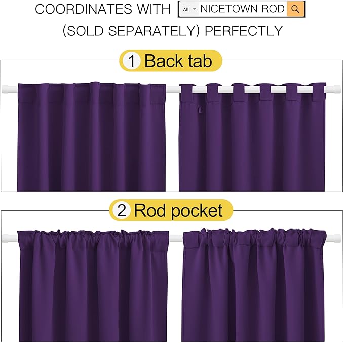 NICETOWN Blackout Curtain Panels for Kitchen - (Royal Purple Color) 42x30 inch, 2 Panels Set, Room Darkening Blackout Drapes for Window - Image 3