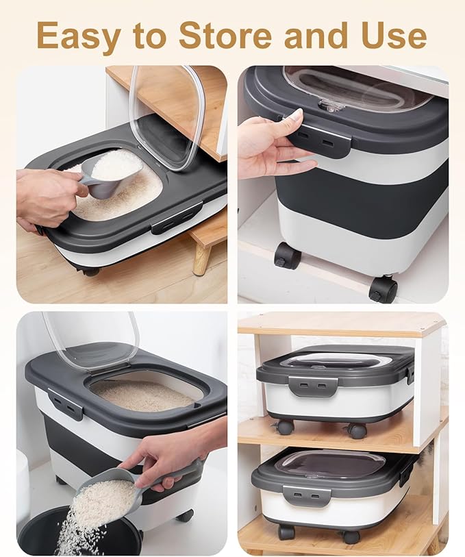 20-30 Lbs Rice Storage Container,Collapsible Food Storage Containers with Rolling Wheel Airtight Locking Lid,Flour Storage Container with Cup and Scoop,Suitable for Food,Rice,Pet Food,Flour - Image 4