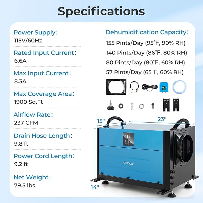 COSTWAY 155 PPD Commercial Dehumidifier, 1900 Sq.Ft Crawl Space Dehumidifier with 9.8 FT Drain Hose & Wired Remote Control Panel, Ideal for Basement, Warehouse (Blue) - Image 8