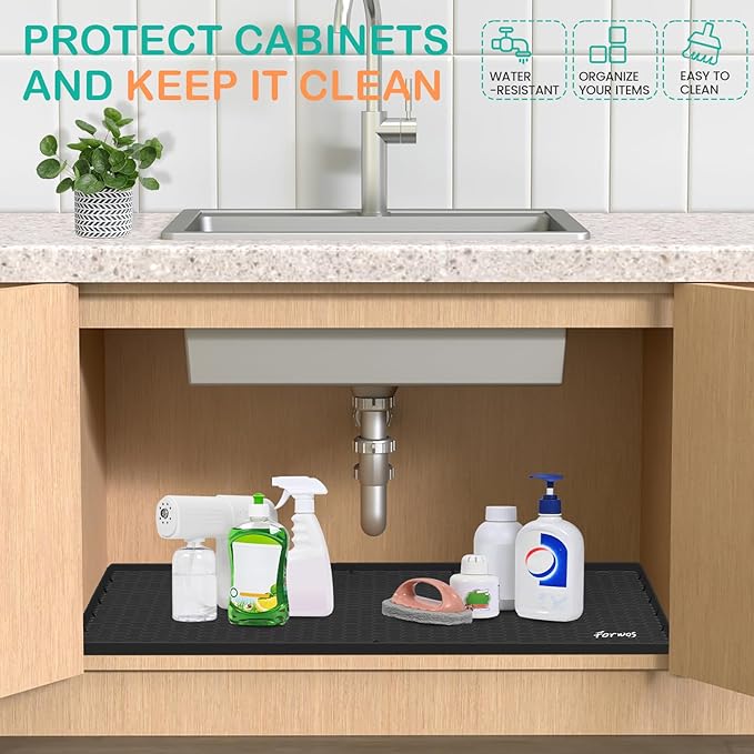 Waterproof Under Sink Mat 22" x 19", Silicone Cabinet Liner, Rubber Protector for Kitchen and Bathroom, Keeps Cabinets Clean, Dry, and Organized (Black) - Image 4