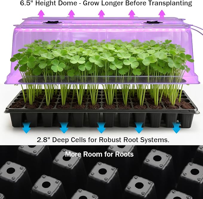 1020 Trays with Grow Light and 6.3" Humidity Dome - 4 Pack Heavy Duty Seed Trays with 72 Cell Plug Trays, Germination Kit with Timer and Dimmable LED - Reusable Plant Propagation Box for Gardening - Image 5
