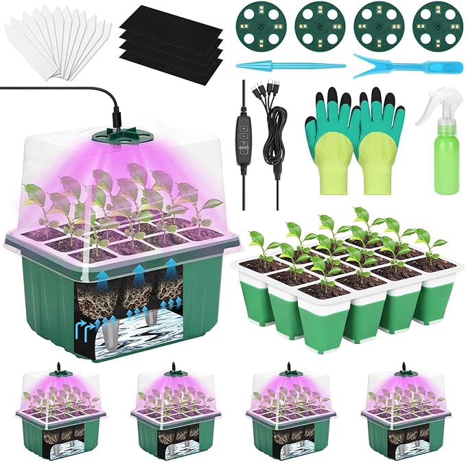 Mckanti 4 Set Self-Watering Seed Starter Tray Kits with Grow Light, Reusable Seed Germination Kit with Adjustable Humidity Domes and Silicone Cell Base Tray for Indoor Plant Seed Germination by Mckanti