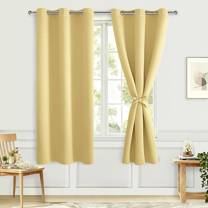 Hiasan Room Darkening Window Curtains for Bedroom, Thermal Insulated, Energy Saving Blackout Curtains, Set of 2 Panels, Sewn with Tiebacks, Grommet Top (Light Yellow, Width 42 Inch x Length 63 Inch) by Hiasan