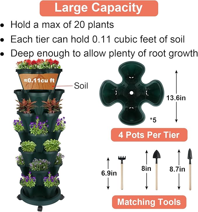 GameXcel Vertical Planter 7 Tier Stackable Planters Garden Planters Strawberry Herb Flower and Vegetable Planter Indoor Outdoor Gardening Pots with Removable Wheels and Tools - Image 5