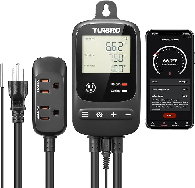 TURBRO Smart Temperature Controller Heating Cooling, WiFi-Enabled Thermostat with Timer and Temperature Monitoring for Home Brewing, Seedling, Greenhouse, and Reptile Terrarium, TC01 by TURBRO